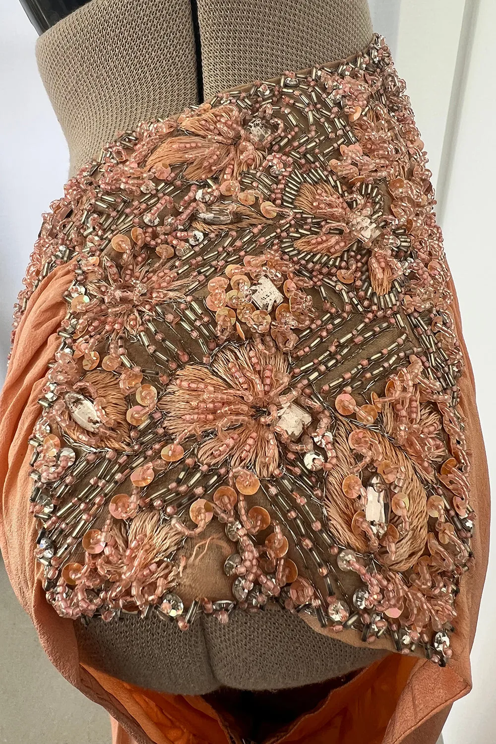 Tiziani 1960s by Karl Lagerfeld Peach Silk Plunge Dress & Feather Cape