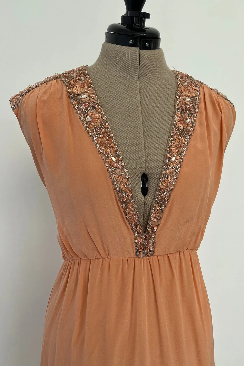 Tiziani 1960s by Karl Lagerfeld Peach Silk Plunge Dress & Feather Cape