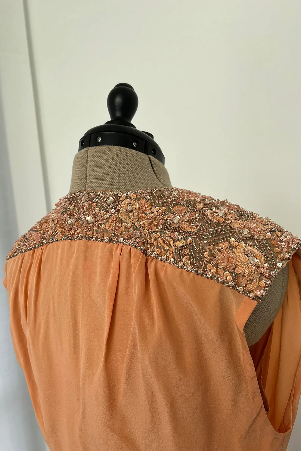 Tiziani 1960s by Karl Lagerfeld Peach Silk Plunge Dress & Feather Cape