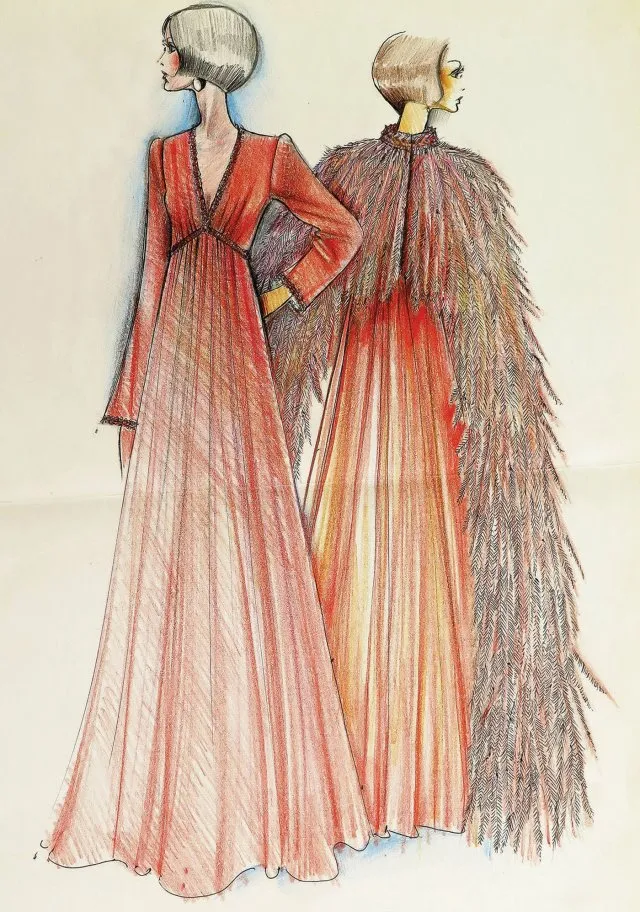 Tiziani 1960s by Karl Lagerfeld Peach Silk Plunge Dress & Feather Cape