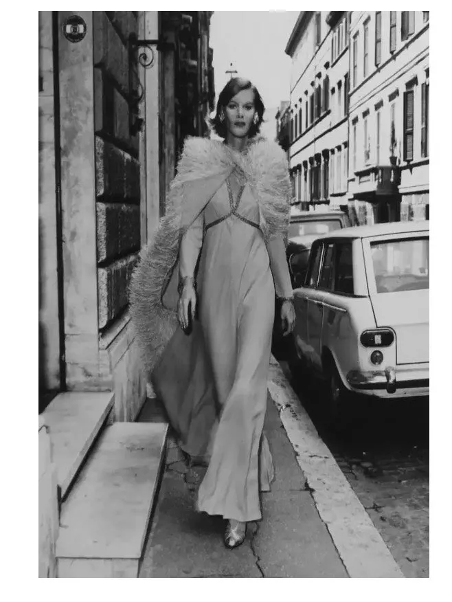Tiziani 1960s by Karl Lagerfeld Peach Silk Plunge Dress & Feather Cape