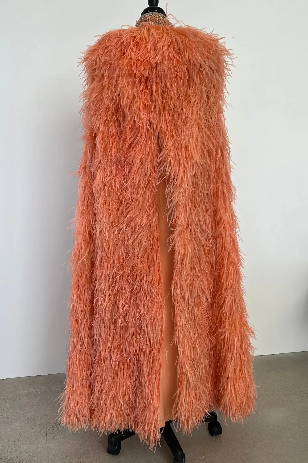 Tiziani 1960s by Karl Lagerfeld Peach Silk Plunge Dress & Feather Cape