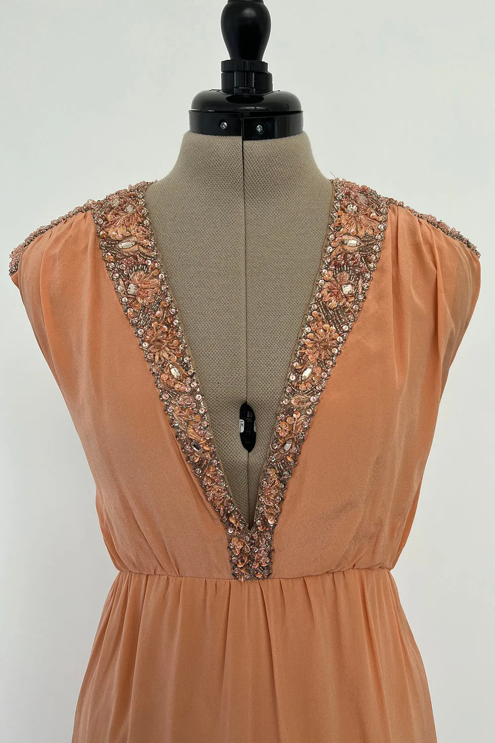 Tiziani 1960s by Karl Lagerfeld Peach Silk Plunge Dress & Feather Cape