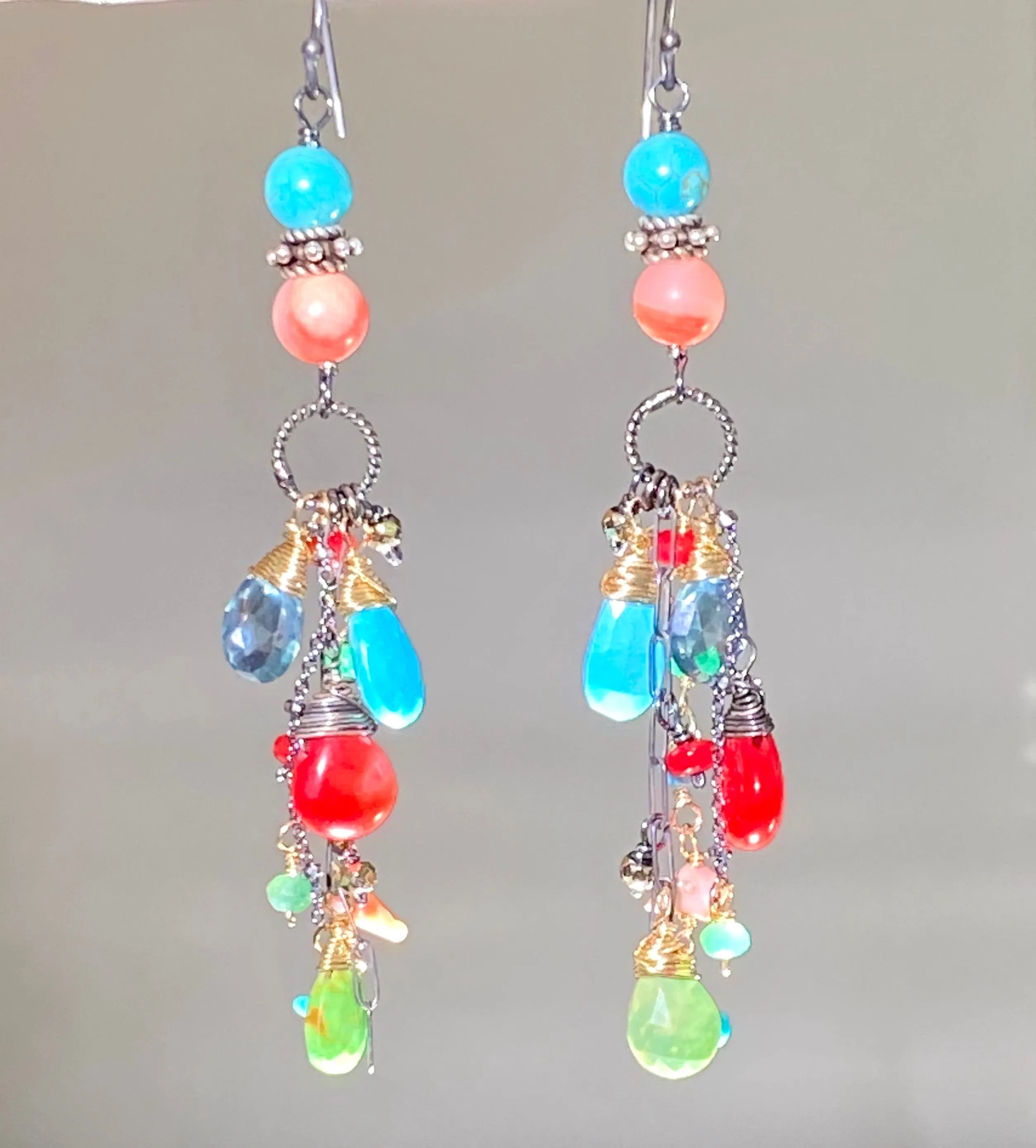 Turquoise Long Boho Earrings Mixed Metal Red Coral Green Turquoise