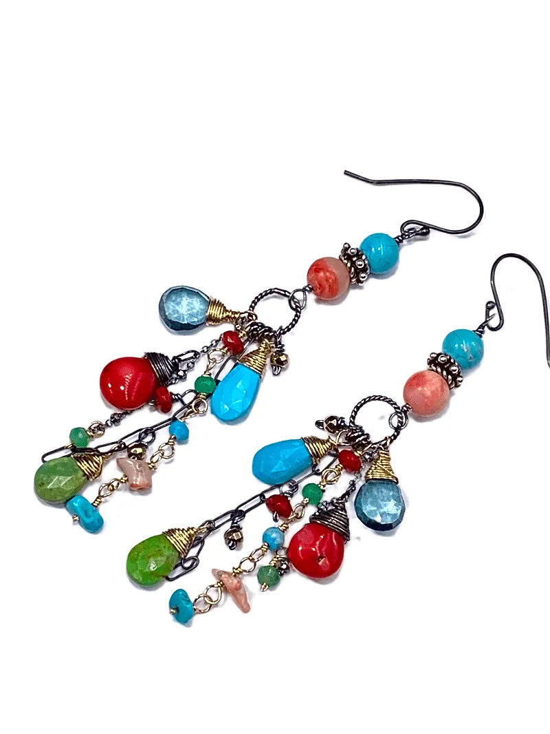 Turquoise Long Boho Earrings Mixed Metal Red Coral Green Turquoise