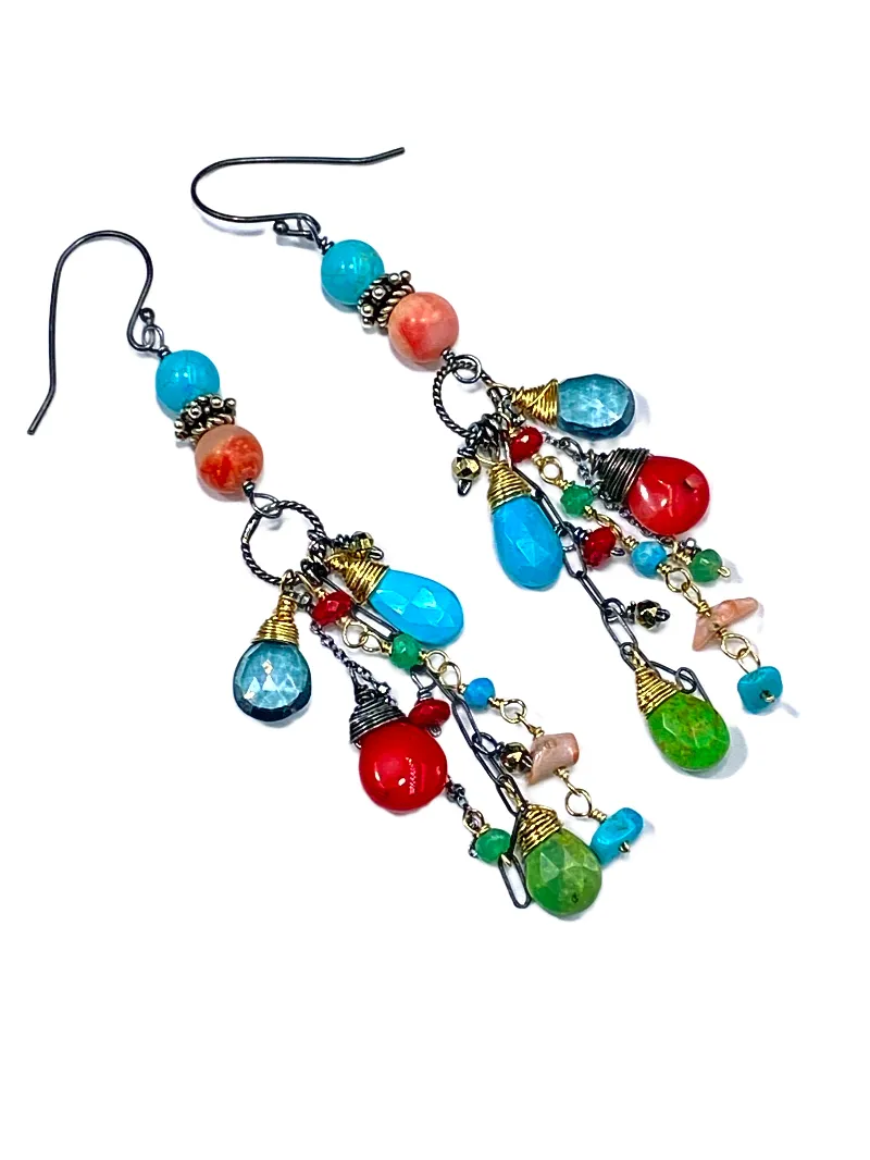 Turquoise Long Boho Earrings Mixed Metal Red Coral Green Turquoise