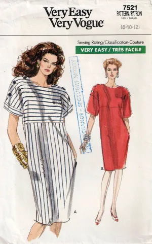 Very Easy Vogue 7521 Womens Pullover Dress with Yoke & Buttoned Shoulders 1980s Vintage Sewing Pattern Size 8 - 12