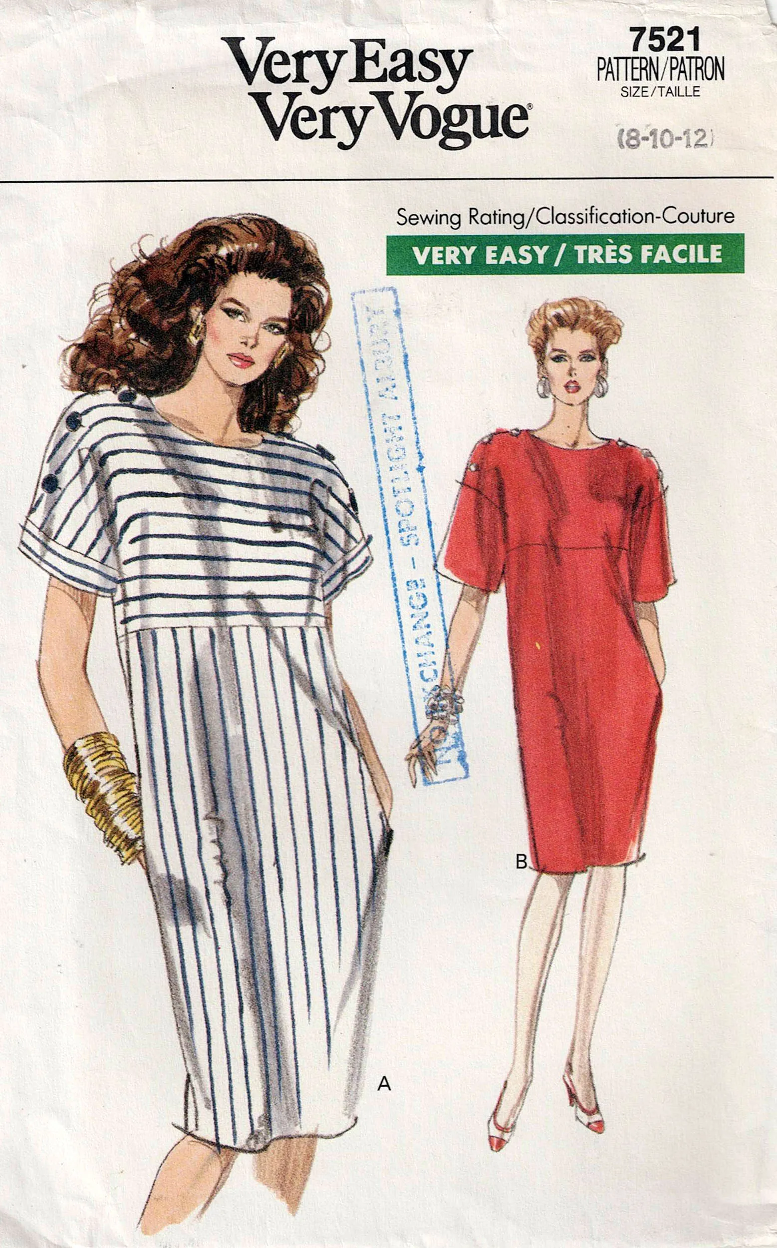 Very Easy Vogue 7521 Womens Pullover Dress with Yoke & Buttoned Shoulders 1980s Vintage Sewing Pattern Size 8 - 12