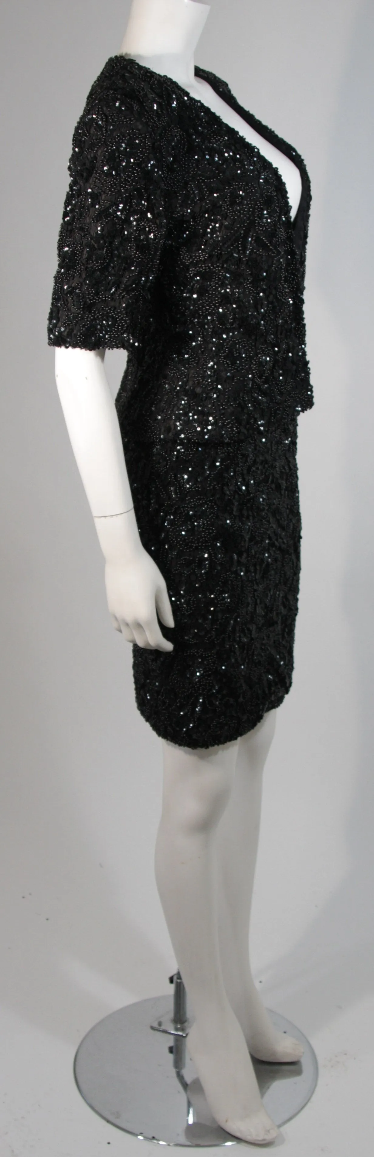 VICKY TIEL Black Beaded Skirt Suit Size 38