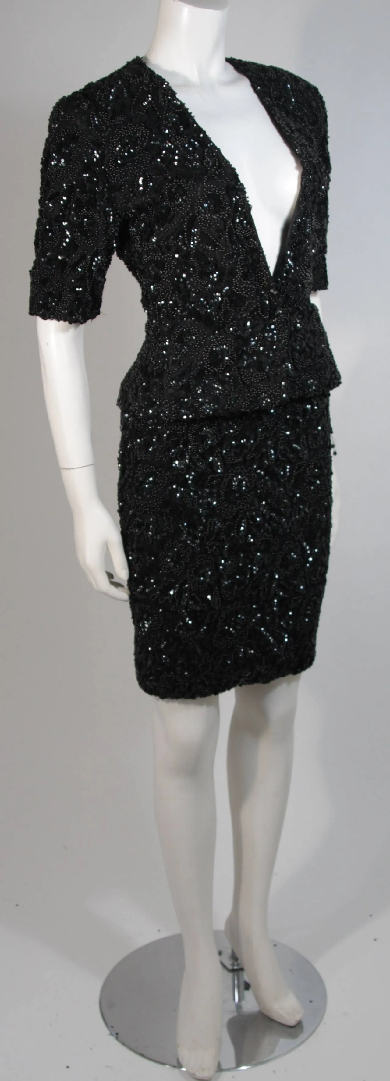 VICKY TIEL Black Beaded Skirt Suit Size 38