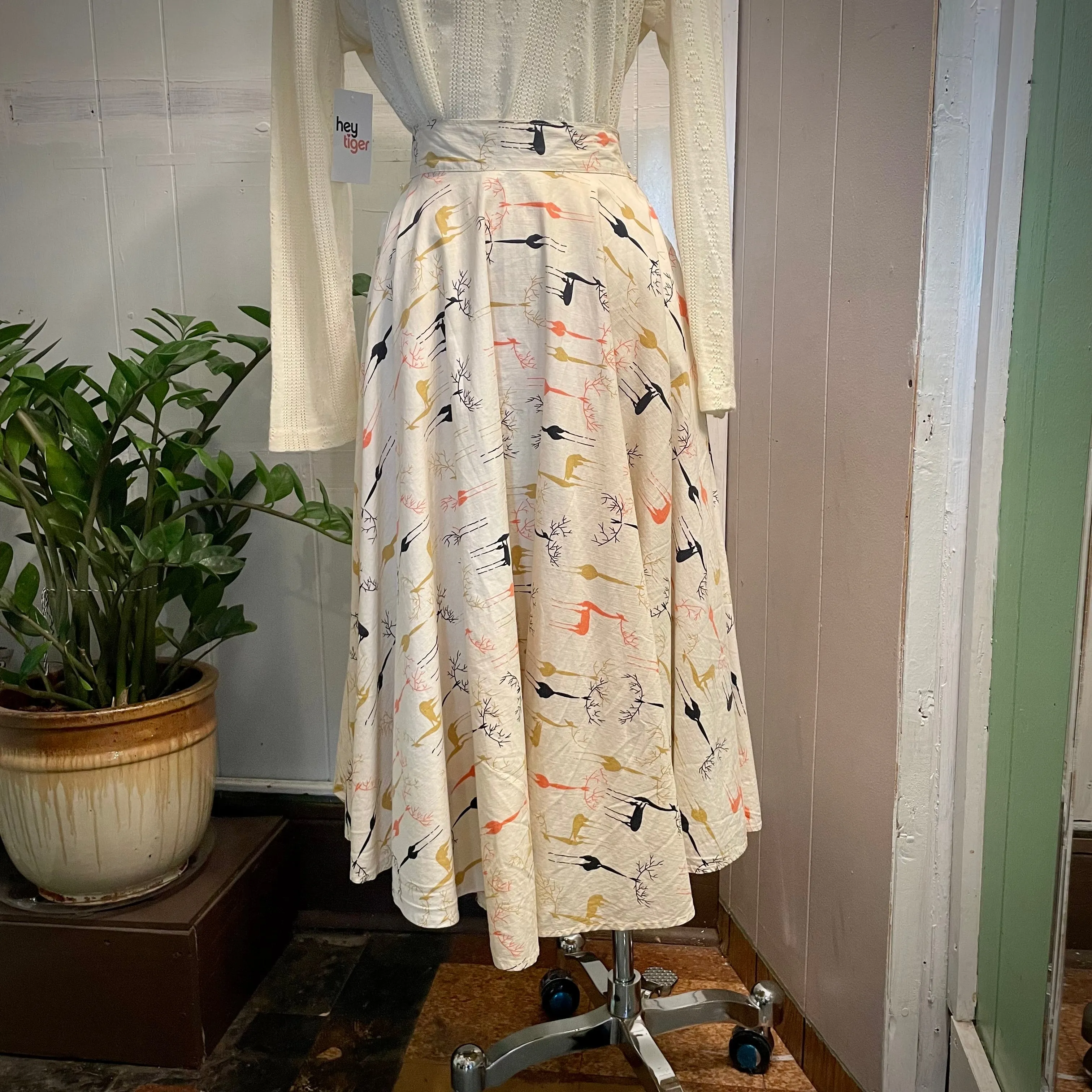 Vintage 50s 60s high waisted mid century deer print midi skirt  (HT23130)