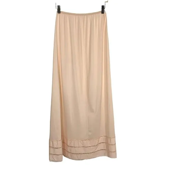 Vintage 60s Texsheen Peach Lace Side Slit Trim Full Length Slip Medium