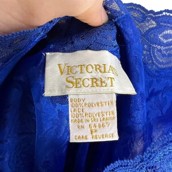 Vintage 90s Victorias Secret Gold Label Blue Satin Lace Mini Negligee Small