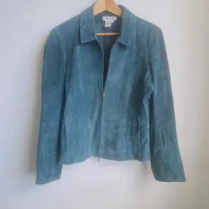 Vintage Blue Suede Jacket Coldwater Creek  Boho Tailored Seam Tapered Coat L