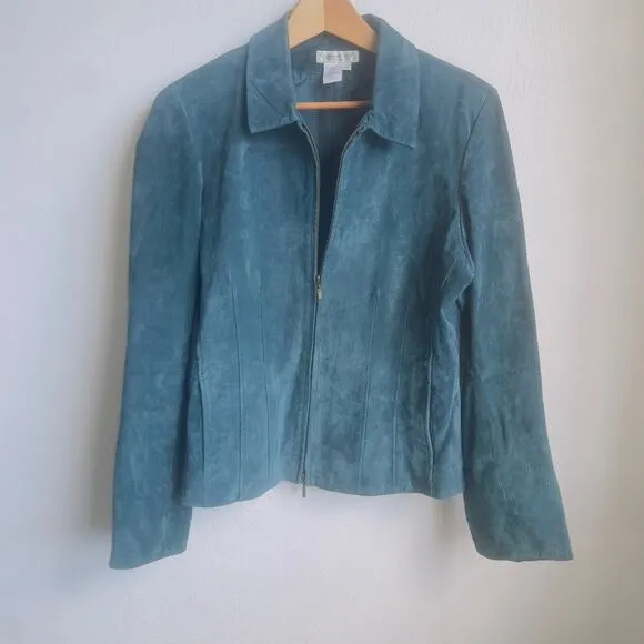 Vintage Blue Suede Jacket Coldwater Creek  Boho Tailored Seam Tapered Coat L