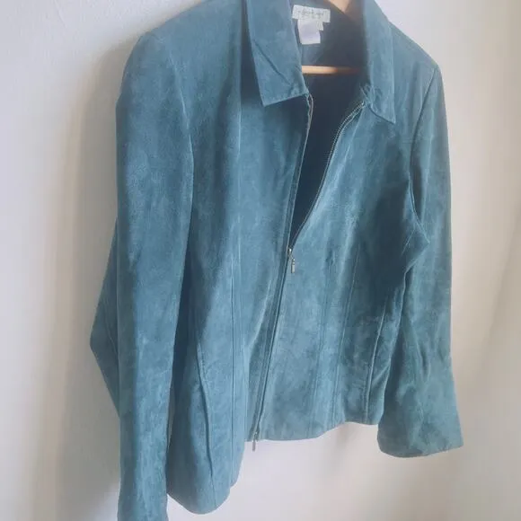 Vintage Blue Suede Jacket Coldwater Creek  Boho Tailored Seam Tapered Coat L