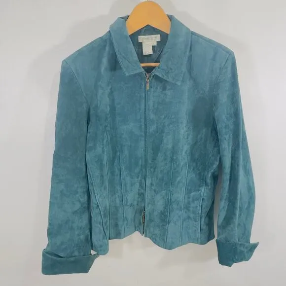 Vintage Blue Suede Jacket Coldwater Creek  Boho Tailored Seam Tapered Coat L