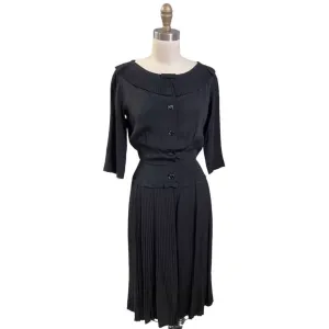 Vintage Day Dress Black Silk Micro-Pleated Dropped Waist Size 6 ish 1940s
