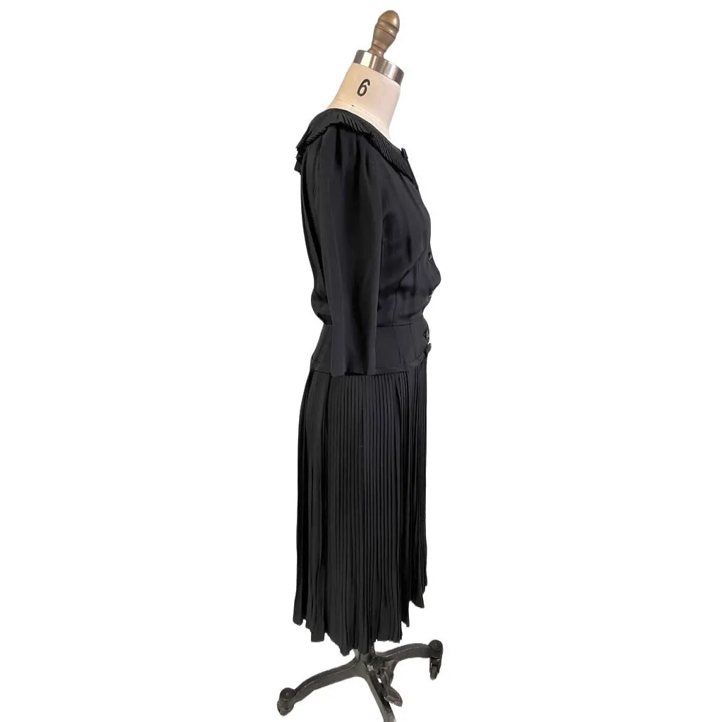Vintage Day Dress Black Silk Micro-Pleated Dropped Waist Size 6 ish 1940s
