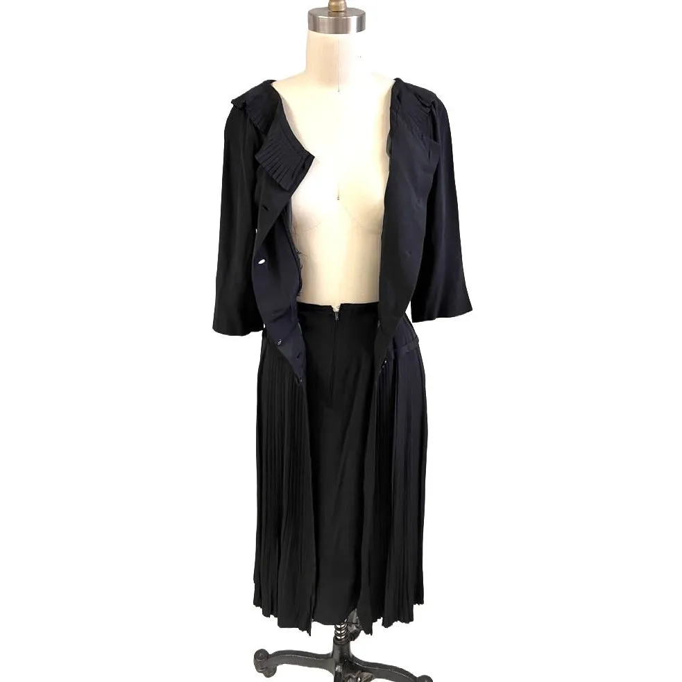Vintage Day Dress Black Silk Micro-Pleated Dropped Waist Size 6 ish 1940s