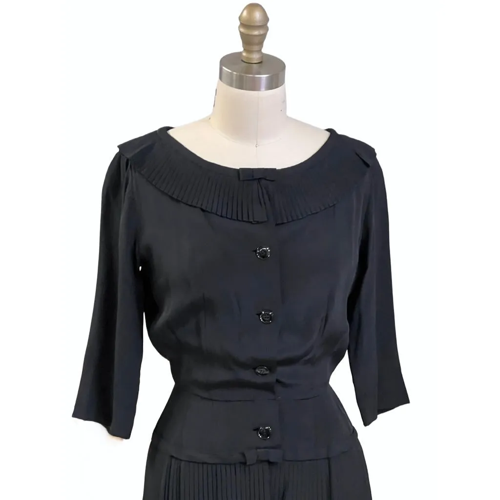 Vintage Day Dress Black Silk Micro-Pleated Dropped Waist Size 6 ish 1940s