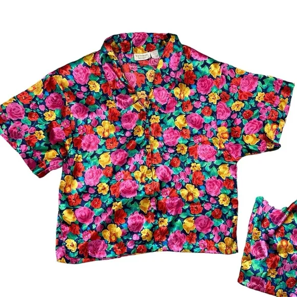 Vintage Gold Label Victoria’s Secret Floral Satin Button Up Pajama Set SZ Small