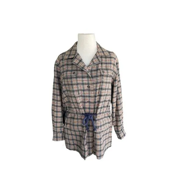 Vintage Gray Navy Blue Maroon Plaid Drawstring Waist Casual Womens Jacket