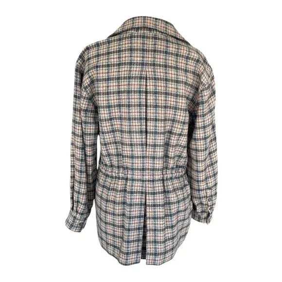 Vintage Gray Navy Blue Maroon Plaid Drawstring Waist Casual Womens Jacket