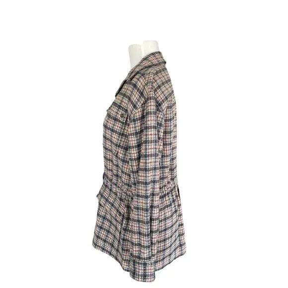 Vintage Gray Navy Blue Maroon Plaid Drawstring Waist Casual Womens Jacket
