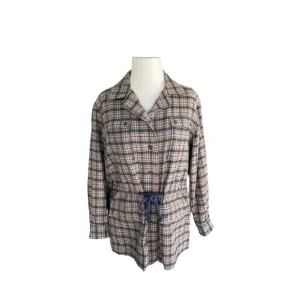 Vintage Gray Navy Blue Maroon Plaid Drawstring Waist Casual Womens Jacket