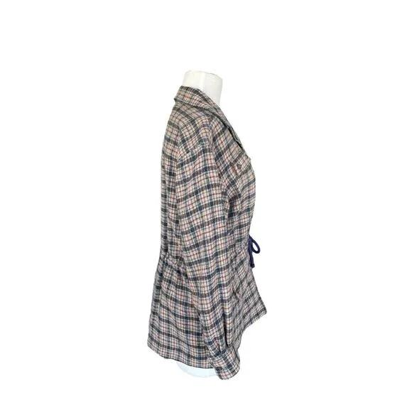 Vintage Gray Navy Blue Maroon Plaid Drawstring Waist Casual Womens Jacket