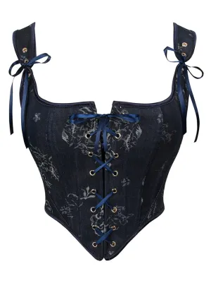 Vintage Renaissance Denim Floral Short Cropped Lace-up Corset Vest