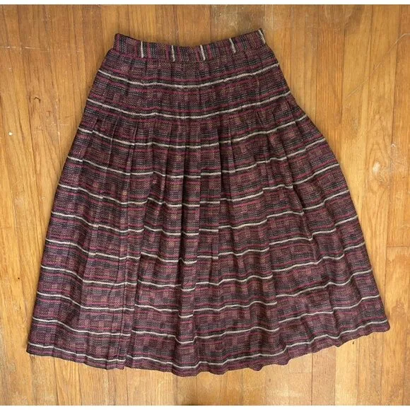 Vintage Striped Pleated Skirt Size XS 26&quot; Waist 1970s Woven Acrylic Top Stitch