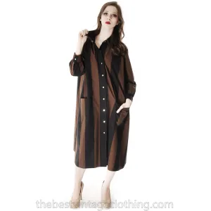 Vintage Vuokko Suomi Cotton Shirt/Tent Dress Coat  1970s Black & Brown Bold Stripes M