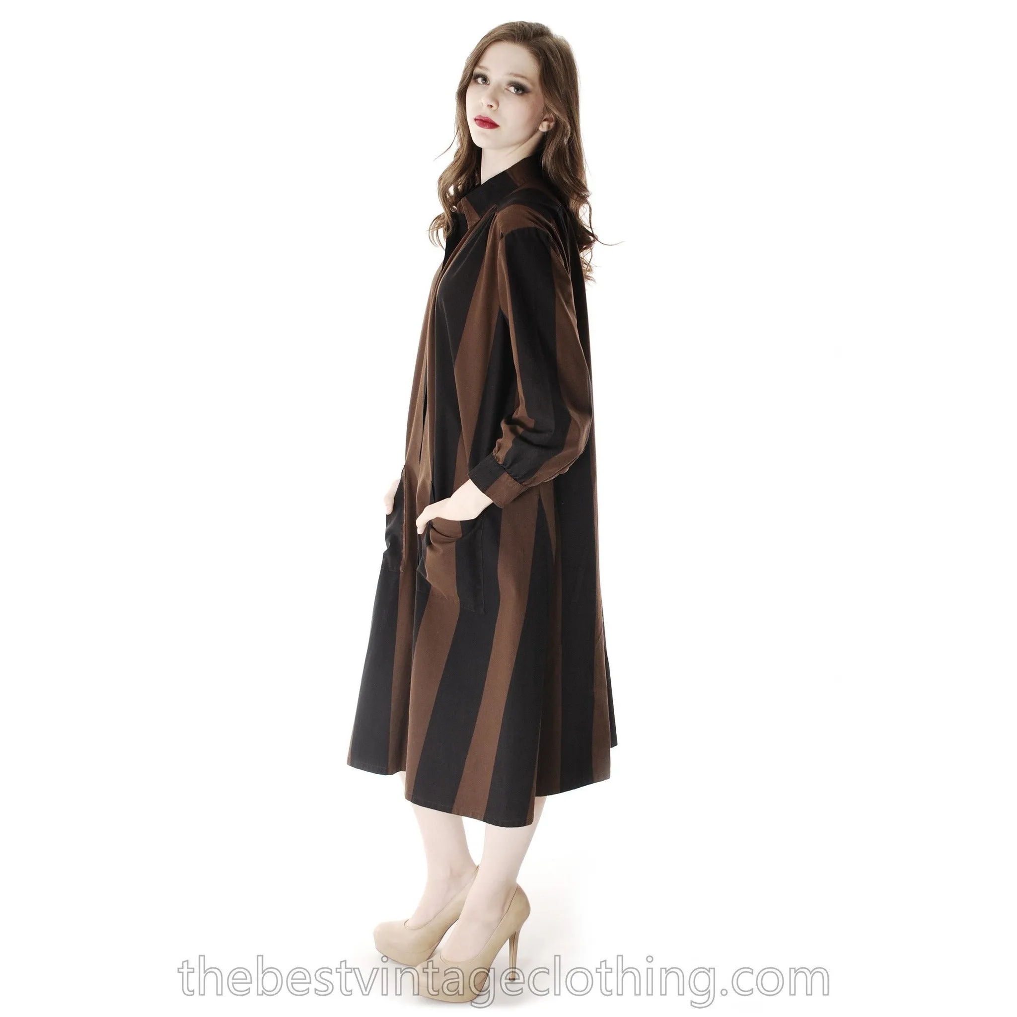 Vintage Vuokko Suomi Cotton Shirt/Tent Dress Coat  1970s Black & Brown Bold Stripes M