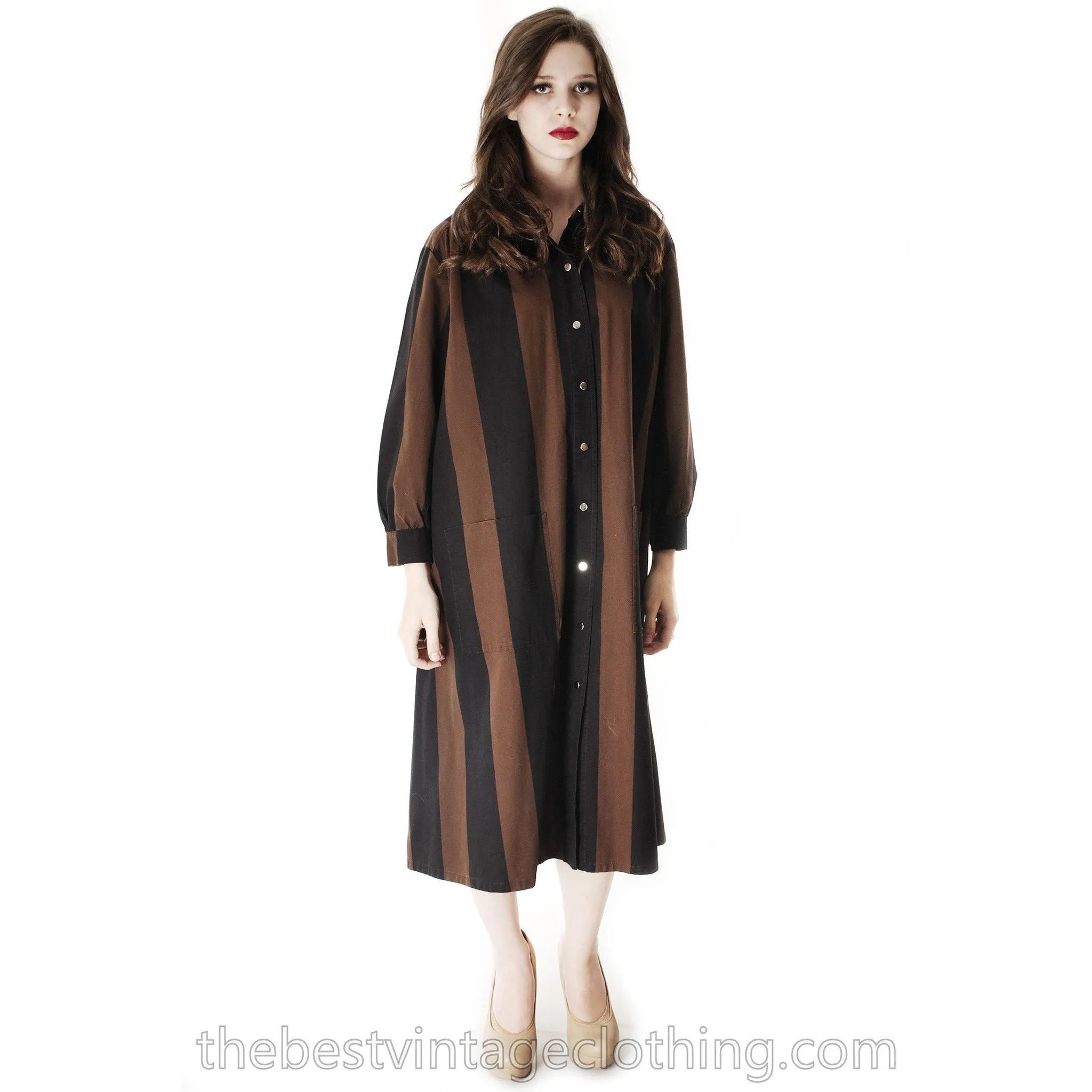 Vintage Vuokko Suomi Cotton Shirt/Tent Dress Coat  1970s Black & Brown Bold Stripes M