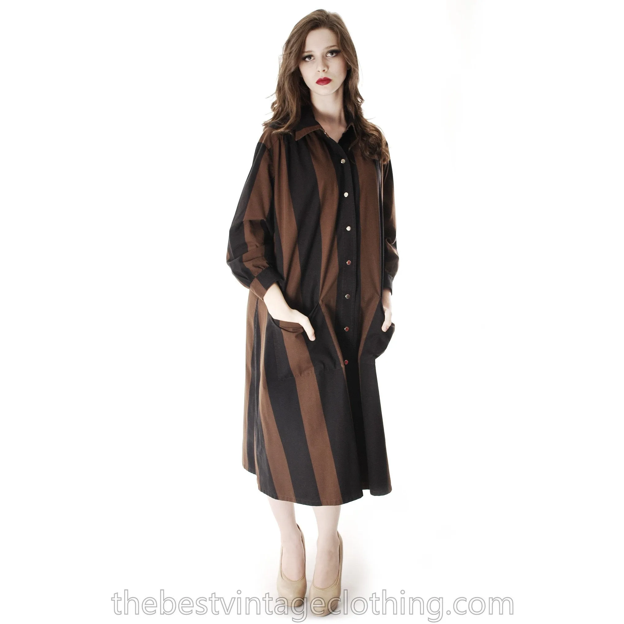 Vintage Vuokko Suomi Cotton Shirt/Tent Dress Coat  1970s Black & Brown Bold Stripes M