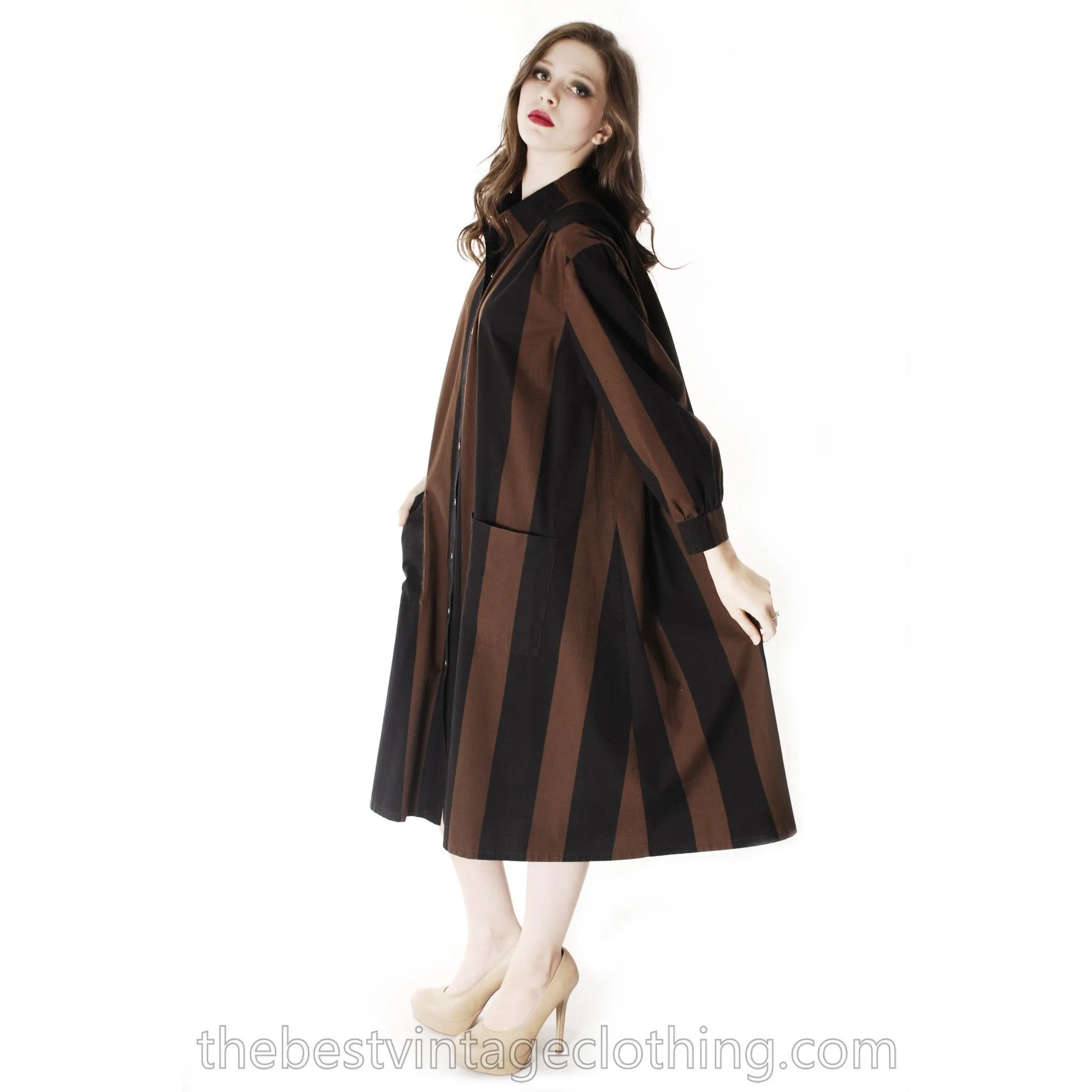 Vintage Vuokko Suomi Cotton Shirt/Tent Dress Coat  1970s Black & Brown Bold Stripes M