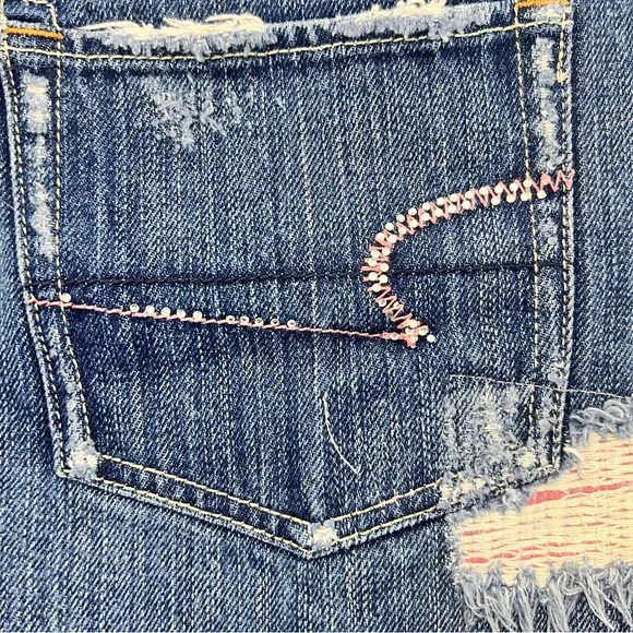 VINTAGE Y2K AMERICAN EAGLE crystal embellished distressed denim micro mini SKIRT