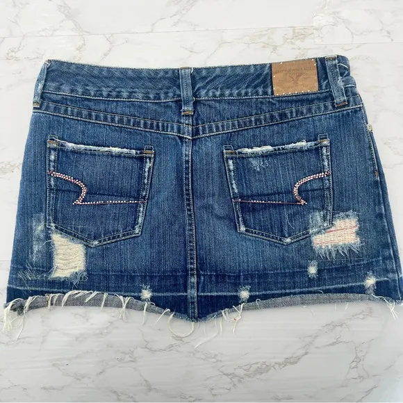 VINTAGE Y2K AMERICAN EAGLE crystal embellished distressed denim micro mini SKIRT
