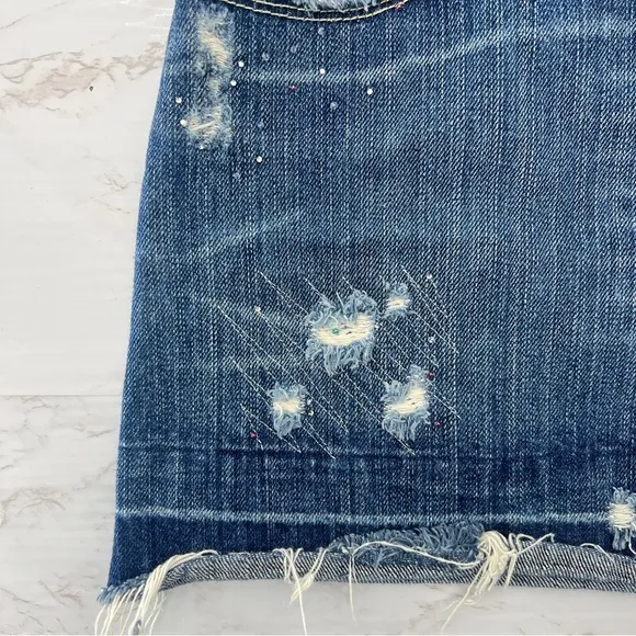 VINTAGE Y2K AMERICAN EAGLE crystal embellished distressed denim micro mini SKIRT