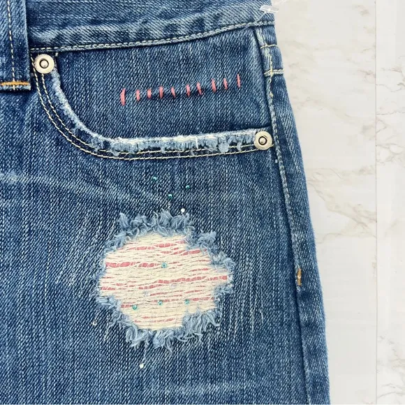 VINTAGE Y2K AMERICAN EAGLE crystal embellished distressed denim micro mini SKIRT