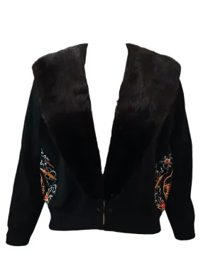 Vu Upycled 50s Black Cashmere Cardigan with Chinese Embroidery