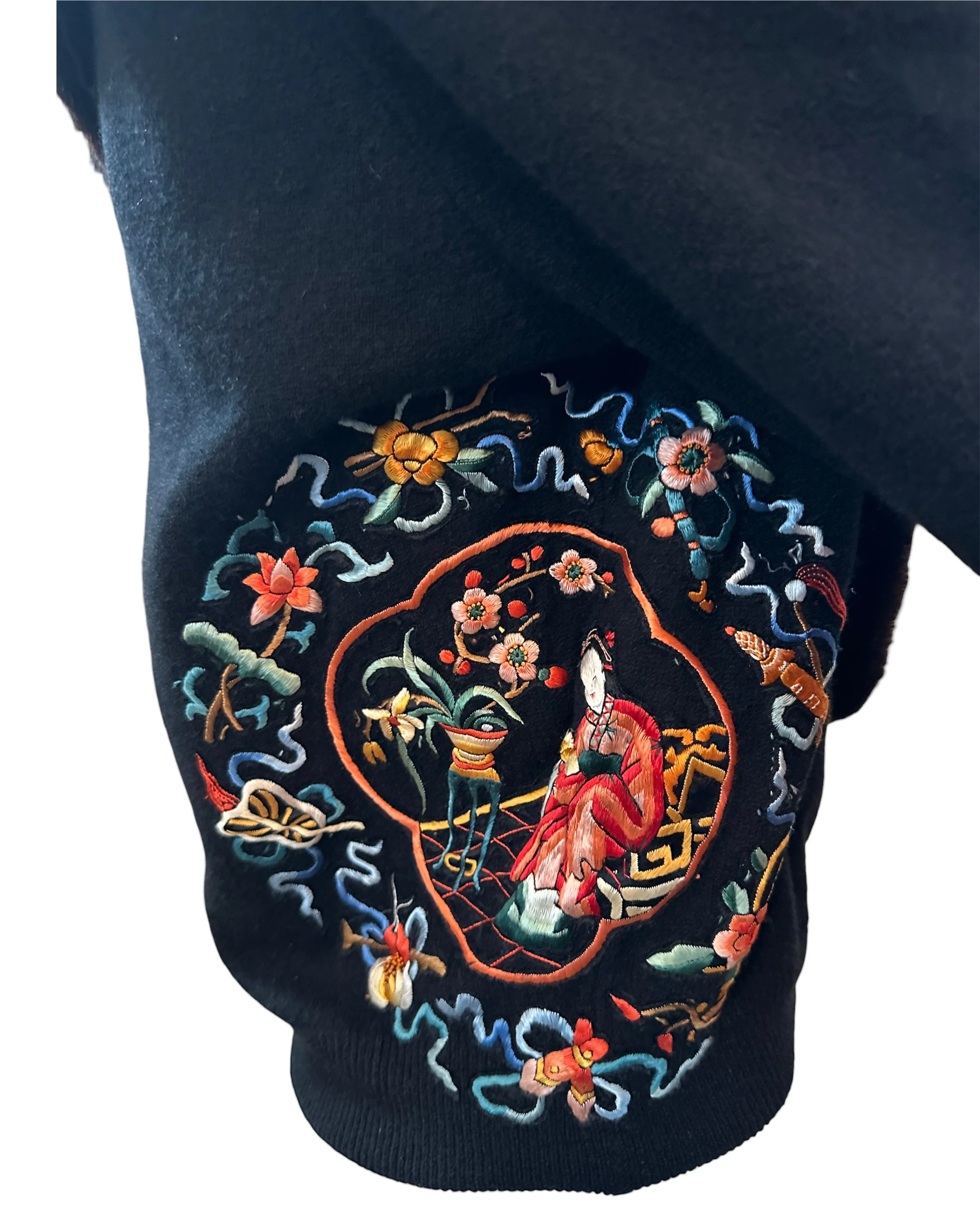 Vu Upycled 50s Black Cashmere Cardigan with Chinese Embroidery