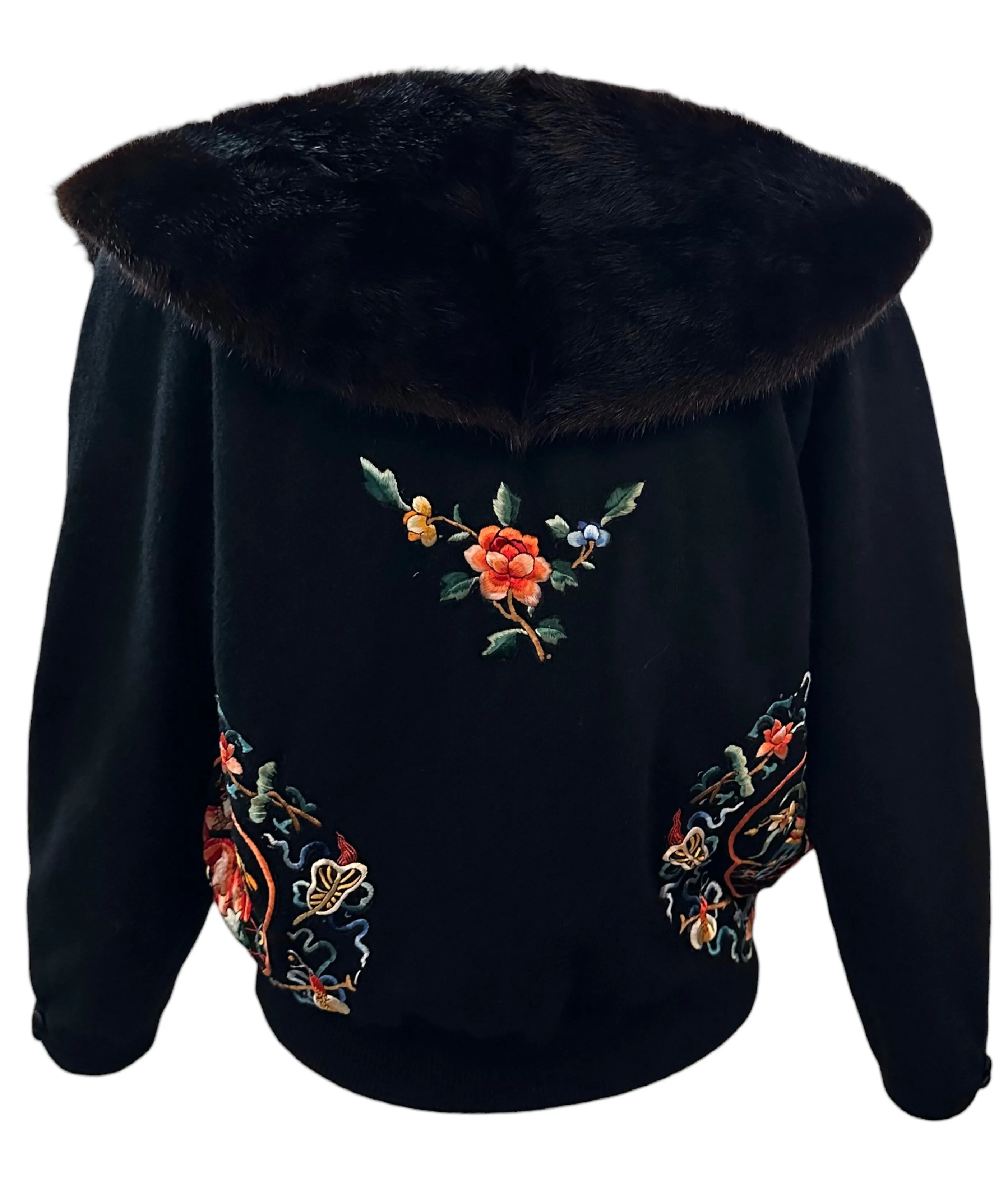 Vu Upycled 50s Black Cashmere Cardigan with Chinese Embroidery