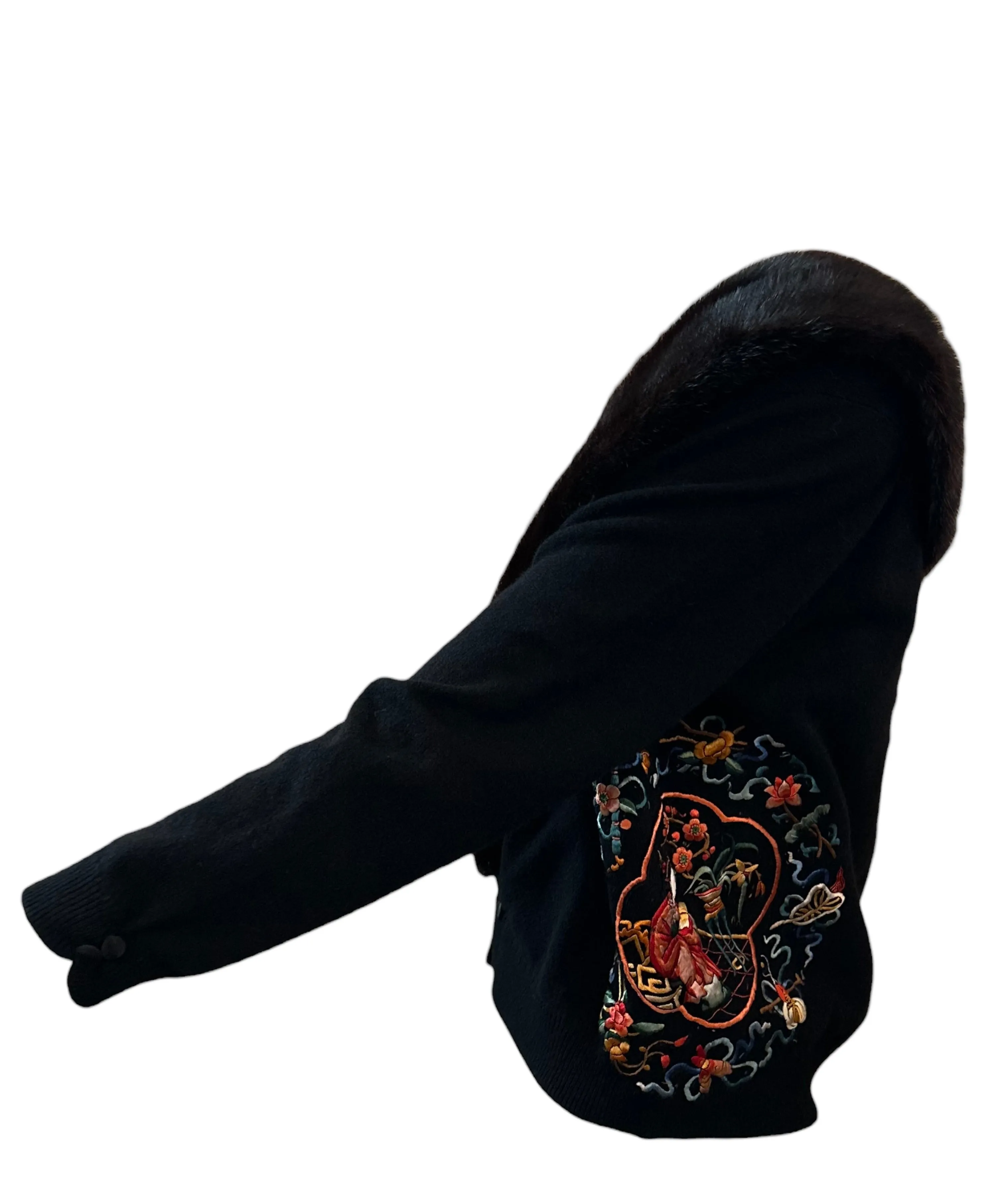 Vu Upycled 50s Black Cashmere Cardigan with Chinese Embroidery