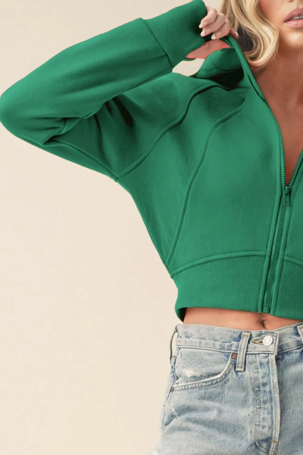 Zip Up Raglan Sleeve Cropped Green Hoodie