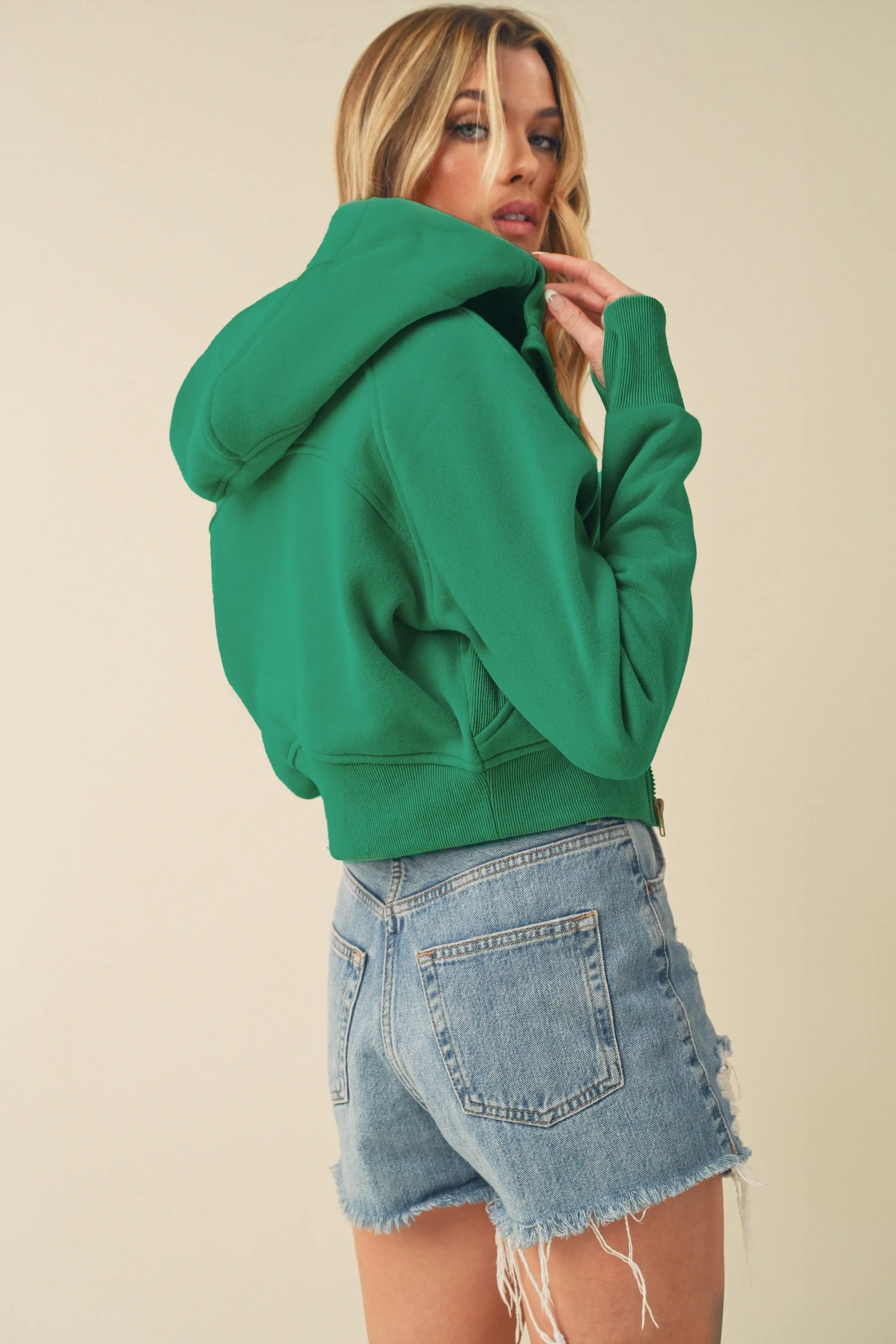 Zip Up Raglan Sleeve Cropped Green Hoodie